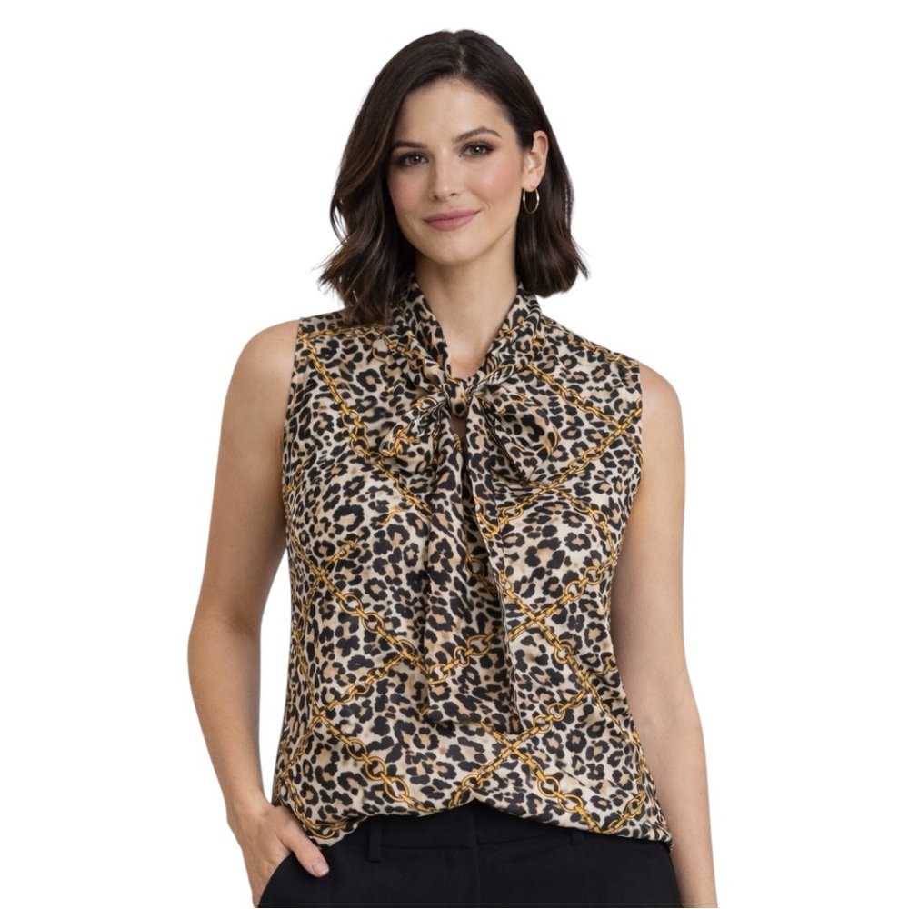 Vtg Anne Klein Leopard Print Tie Neck Blouse Sleeveless Animal Print Women’s XL